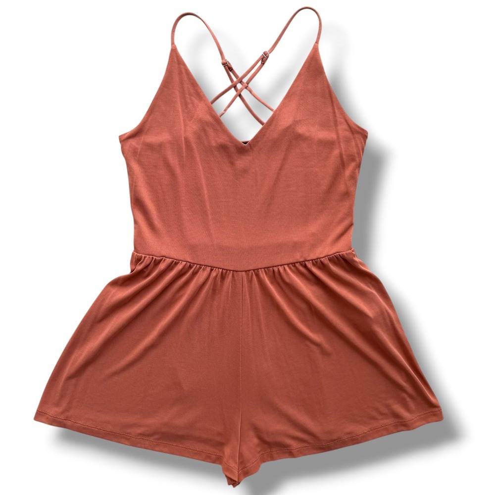 Forever 21 Womens M Terracotta Rust Strappy V-Neck Modal Blend Romper Boho Flowy